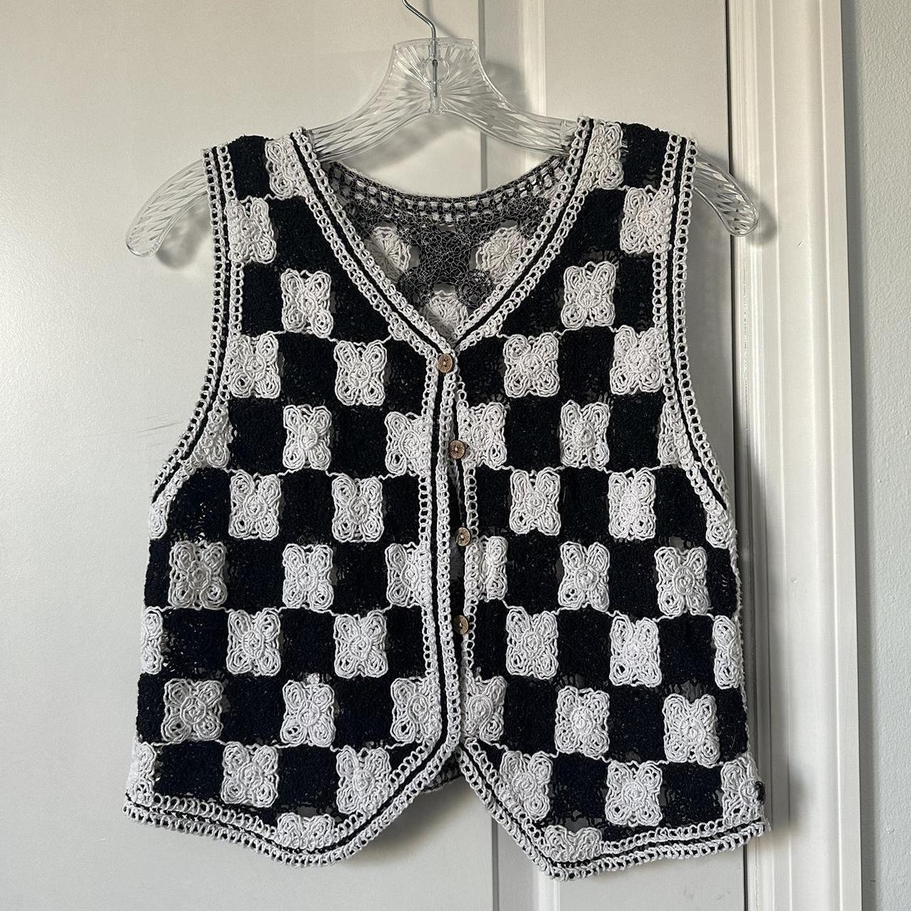 Handmade black and white checkered vest with button... - Depop