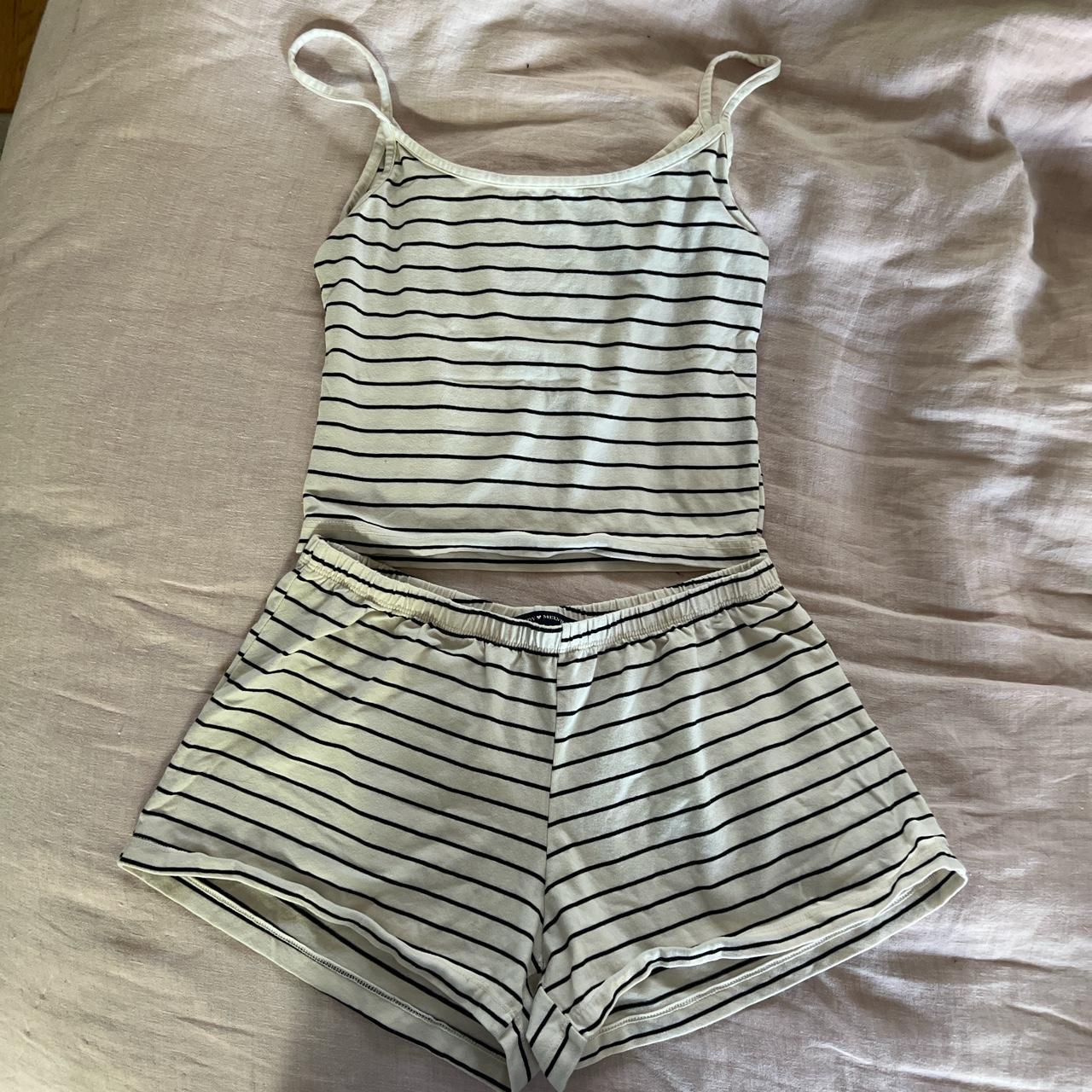 cream black stripe brandy melville sleep set - Depop