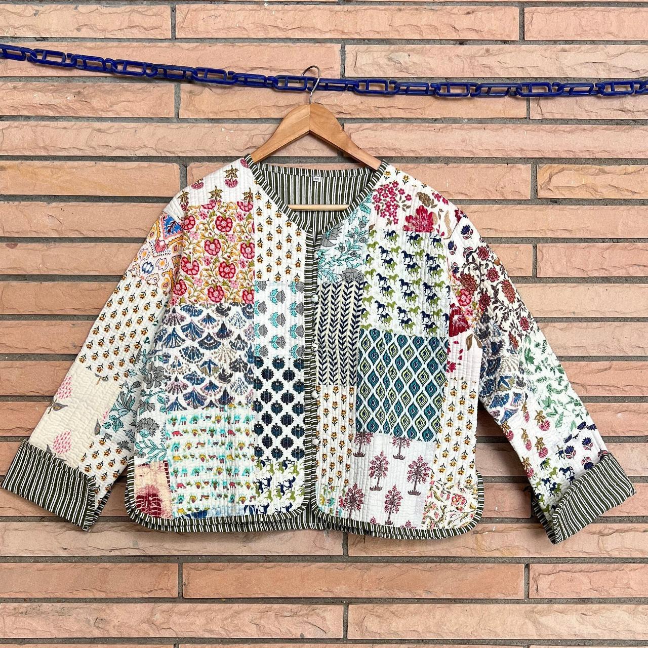 Handmade patchwork jacket, hand stitched quilted... - Depop