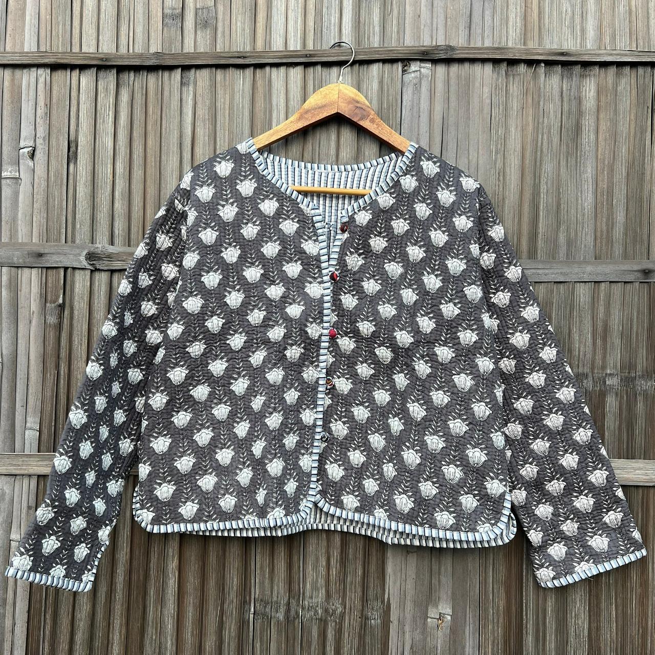 Reversible hand block print quilted jacket, handmade... - Depop