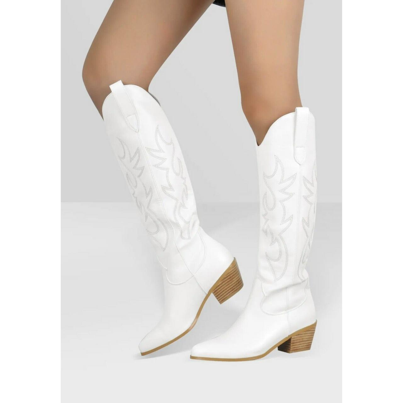 Western Cowgirl Mid Calf Boots Chunky Heels Pull On... Depop