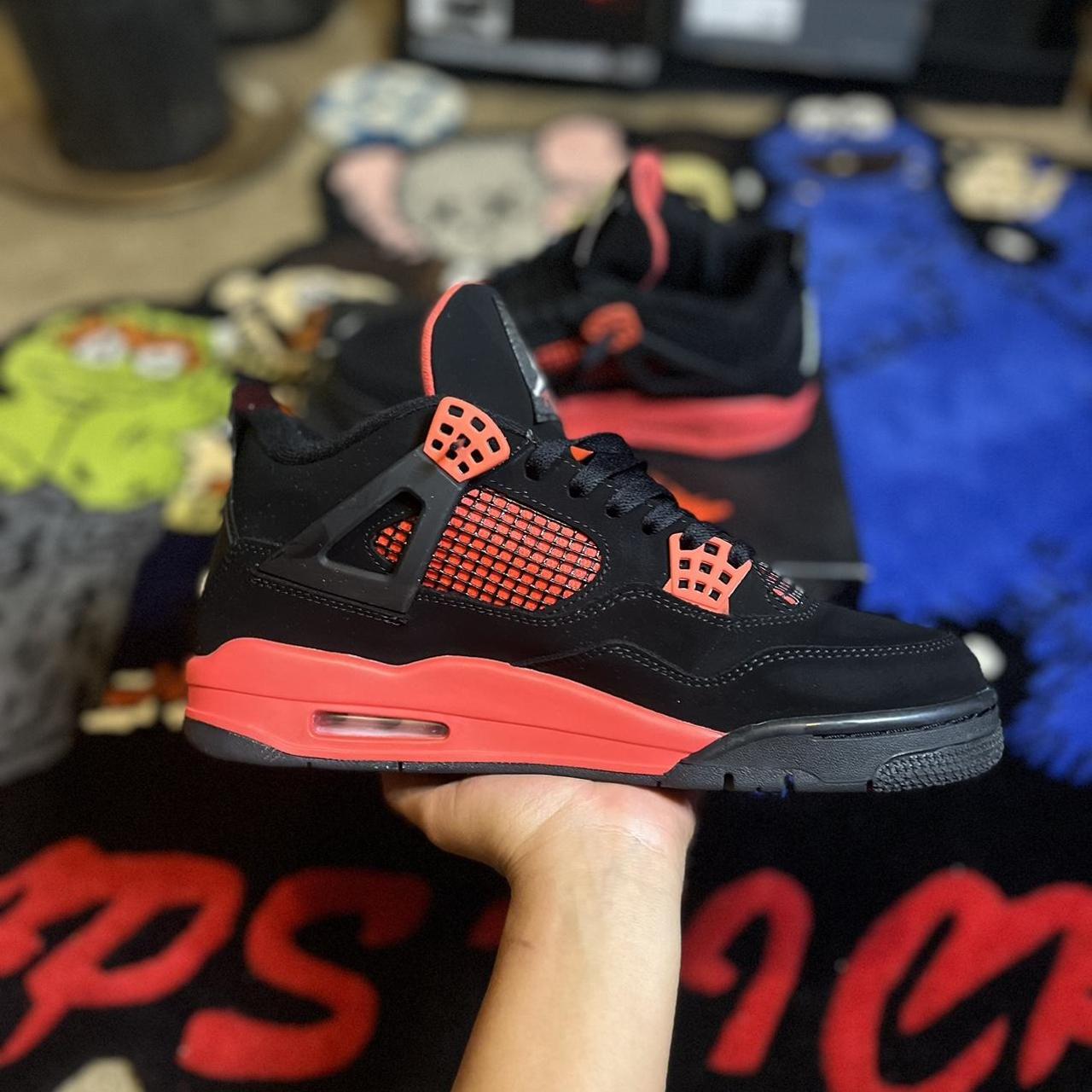 Black and red Jordan 4 toddler size. Like new, comes - Depop