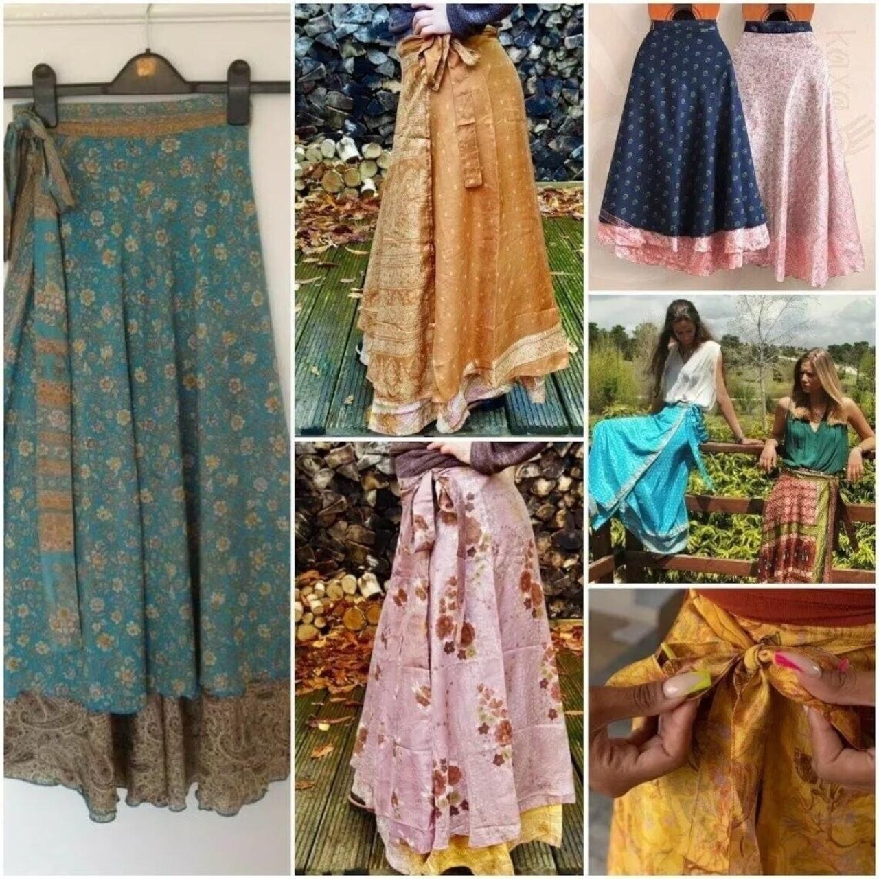 Art Silk Sari Magic Wrap Around Skirts Beach Wear Indian Reversible Warp  Skirt