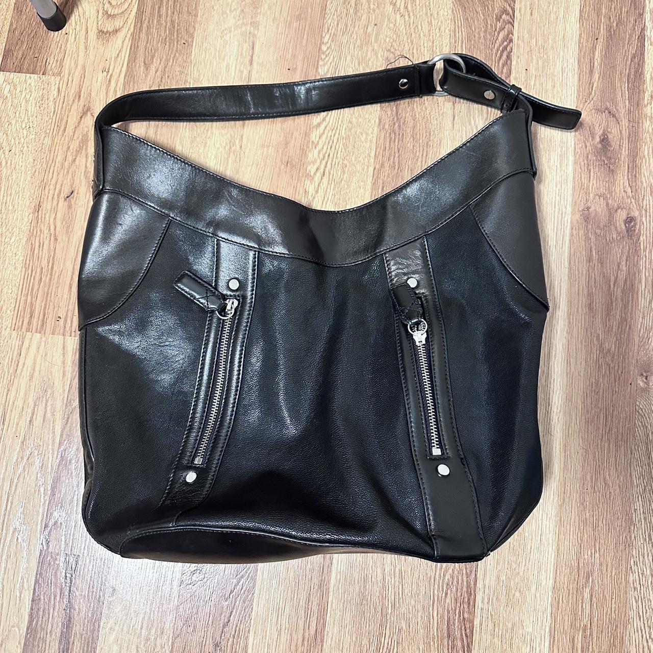 Black leather shoulder bag with silver hardware Depop