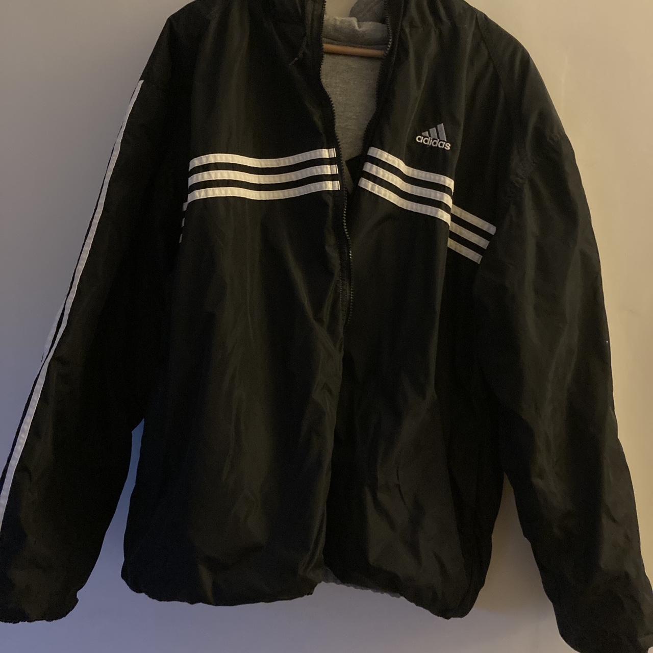 Adidas Hooded Jacket Large Reversible Black / Grey... - Depop