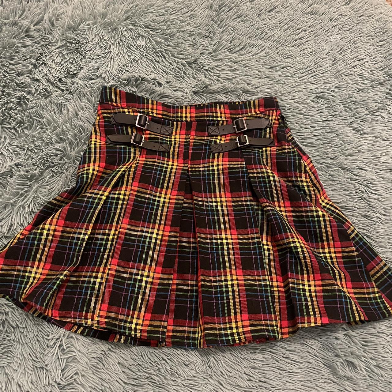 Hot Topic Rainbow Plaid Skirt with Buckles. XS like... - Depop