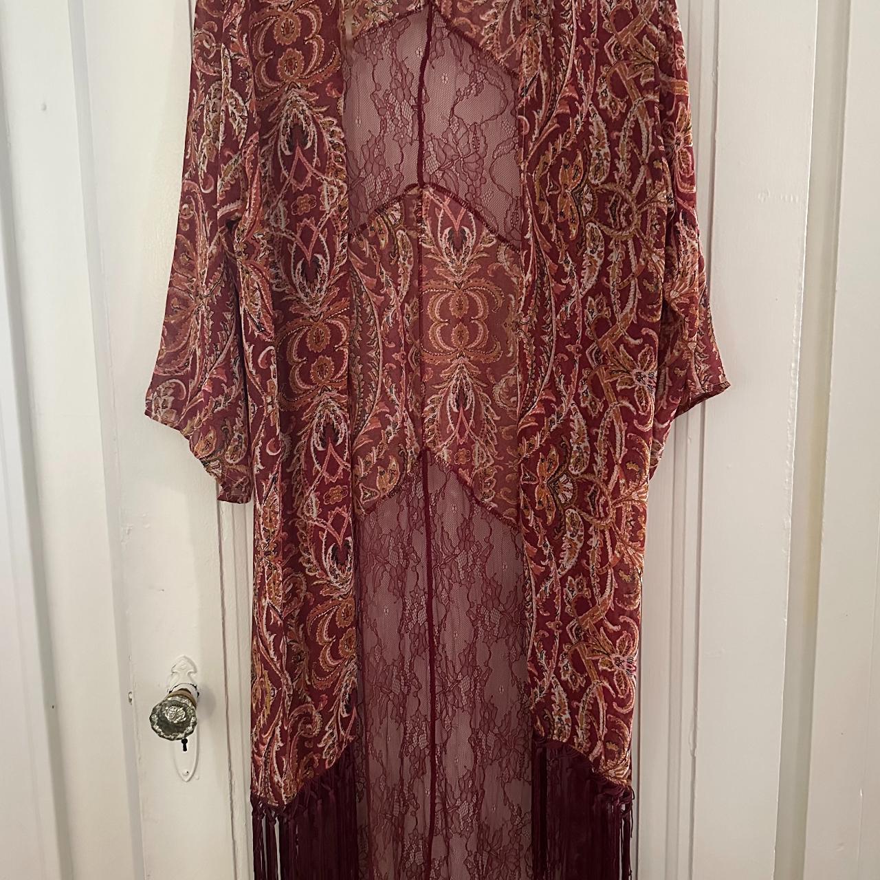 Long burgundy boho kimono cardigan. Fringes. Can fit... - Depop