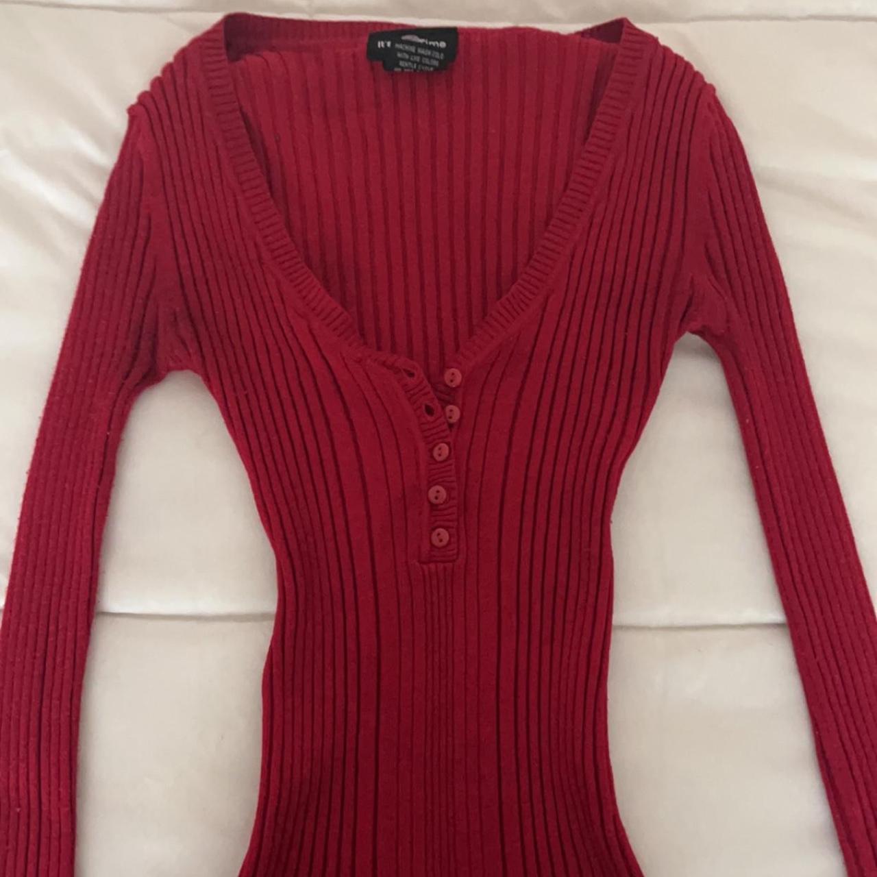 Knit red long sleeve, V-neck button up top #y2k... - Depop