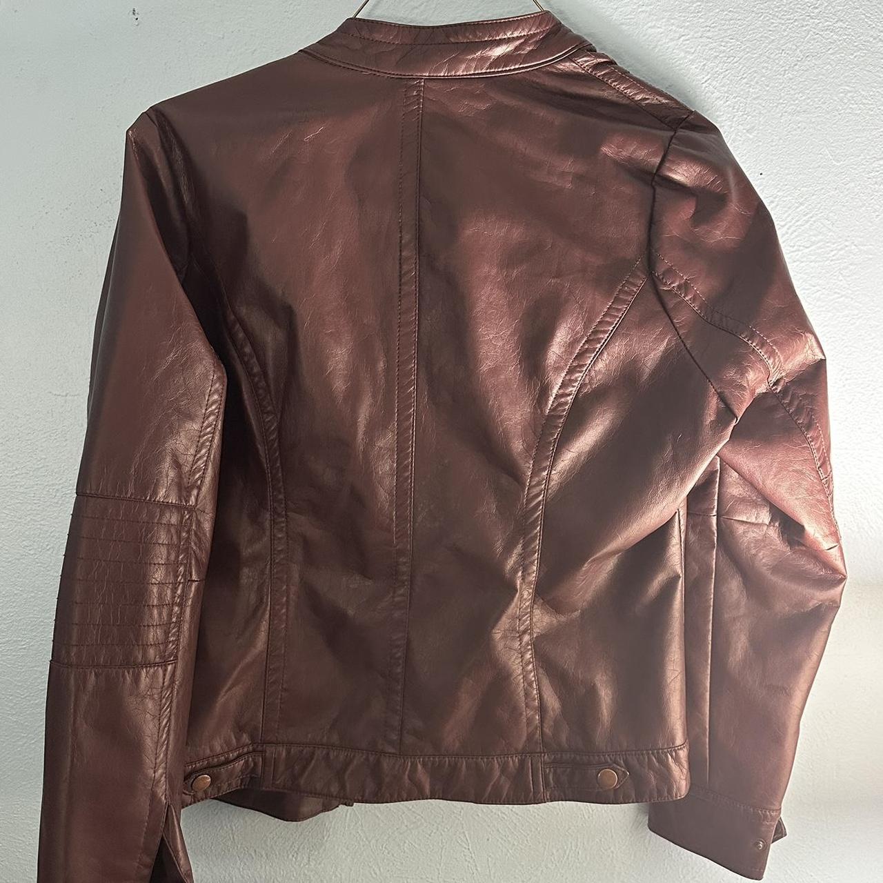 Brown Faux Leather Women’s Jacket Size: Medium... - Depop