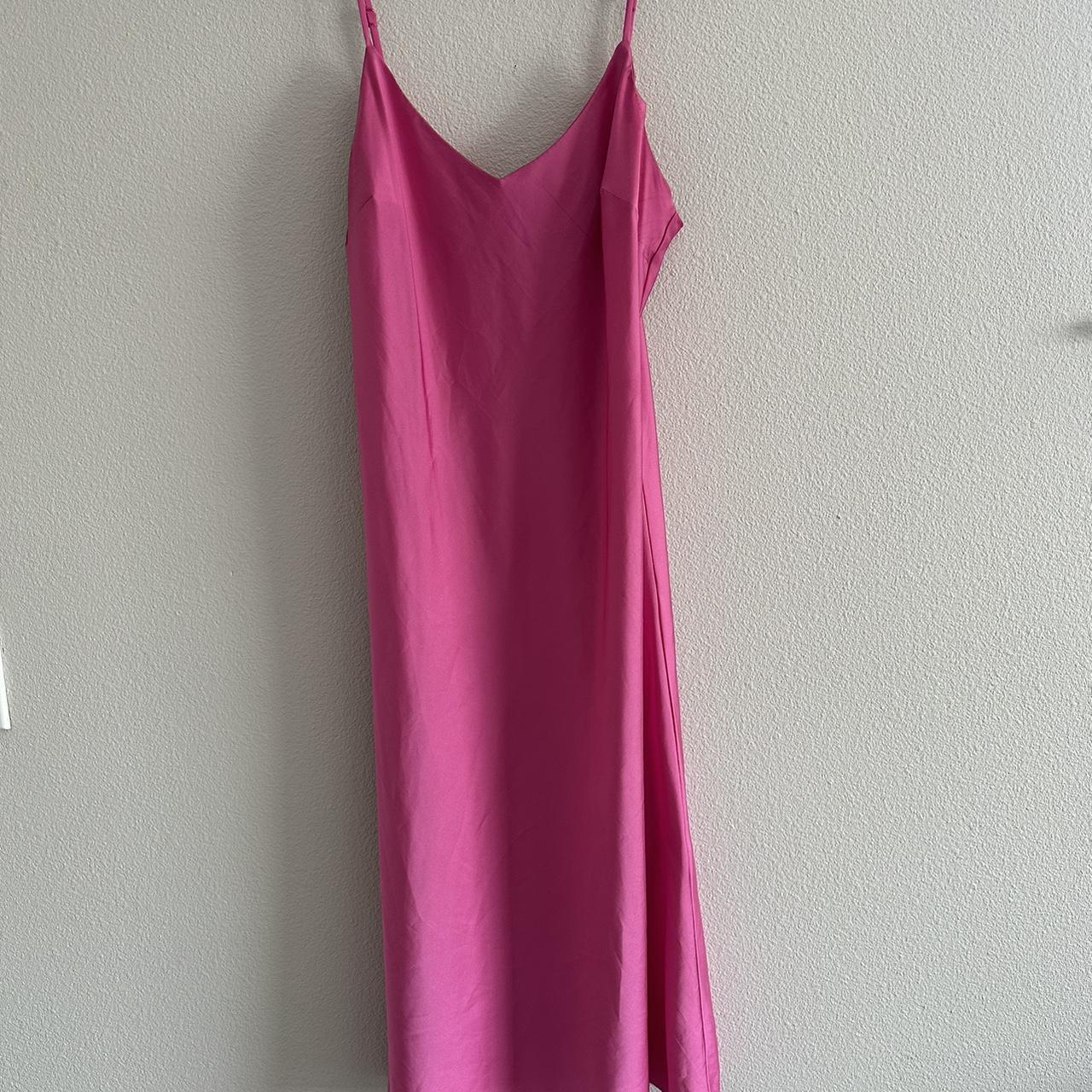 Hot pink satin midi dress - Depop