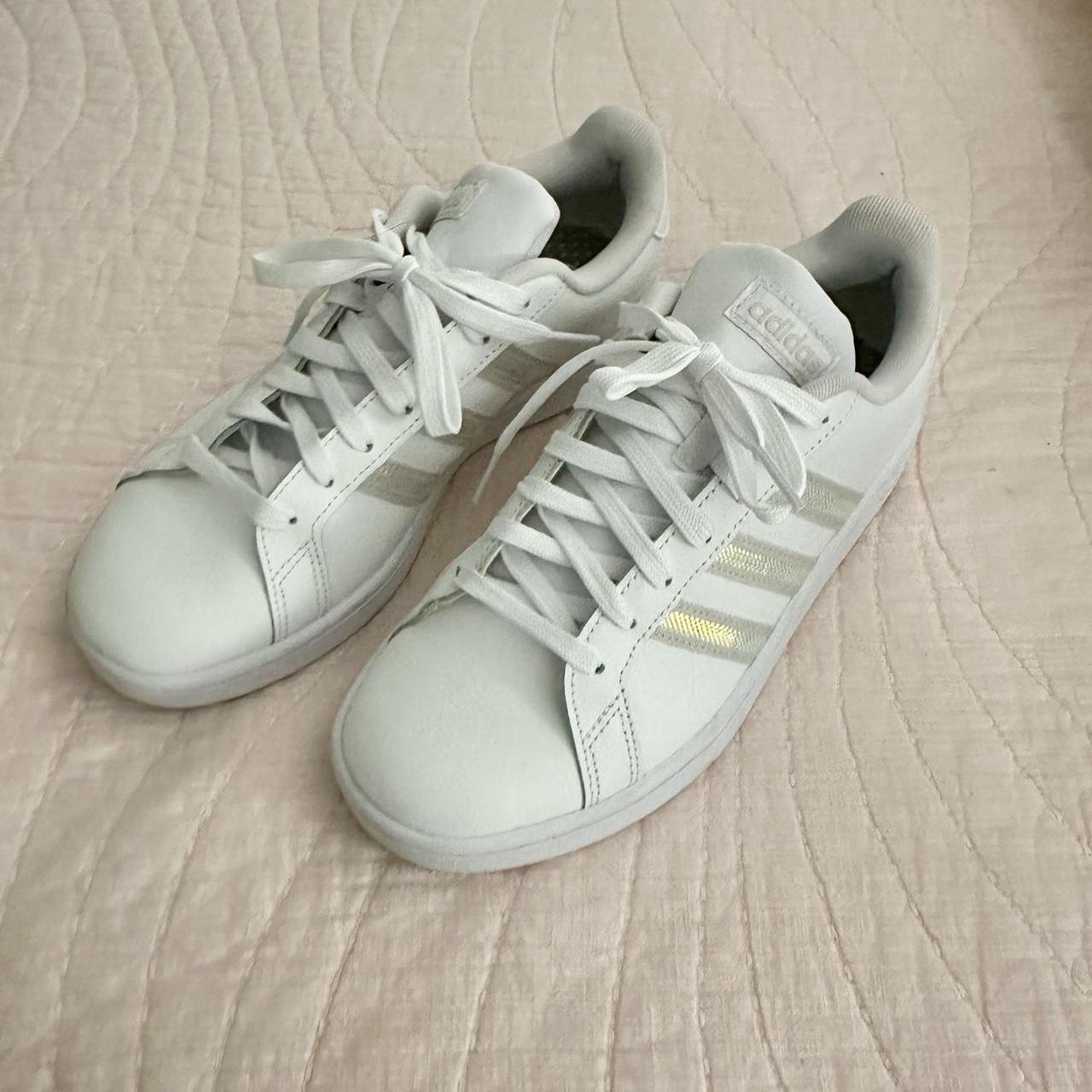 3 stripe Adidas Cloudfoam white and silver trainers. Depop