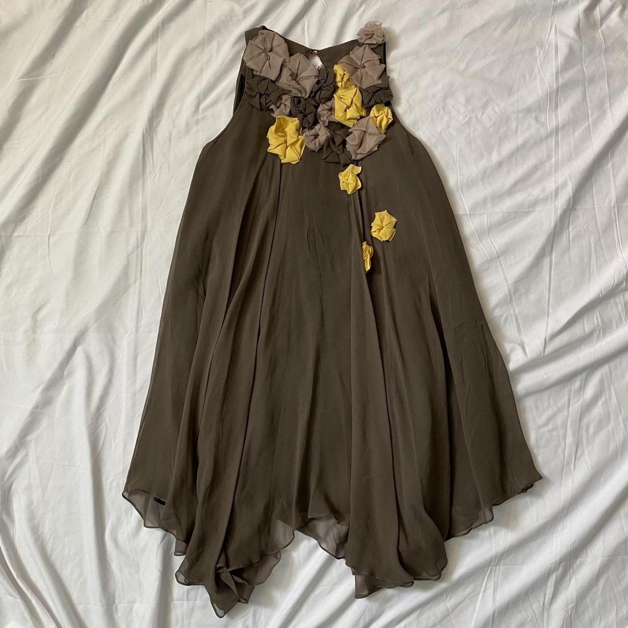 Brown and yellow silk floral midi slip dress with Depop