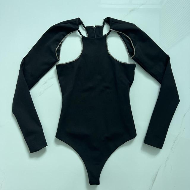 NBD black rhinestone long sleeve bodysuit. Size XS. - Depop