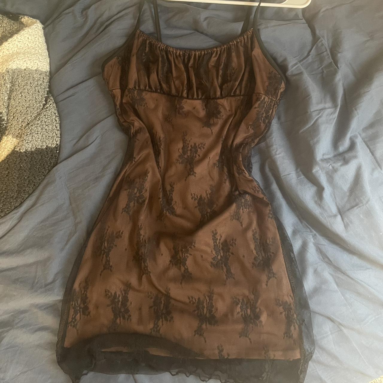 whimsygoth mini dress brown with black lace overlay... - Depop