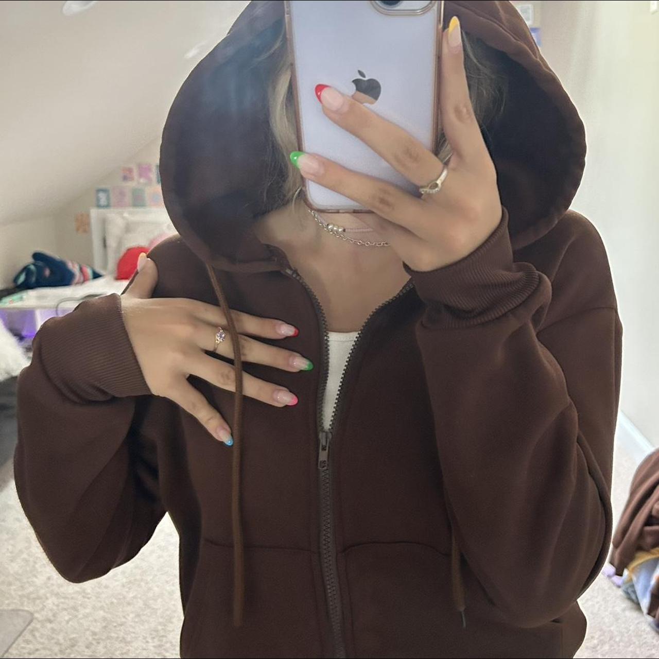 brown, zipup hoodie Depop