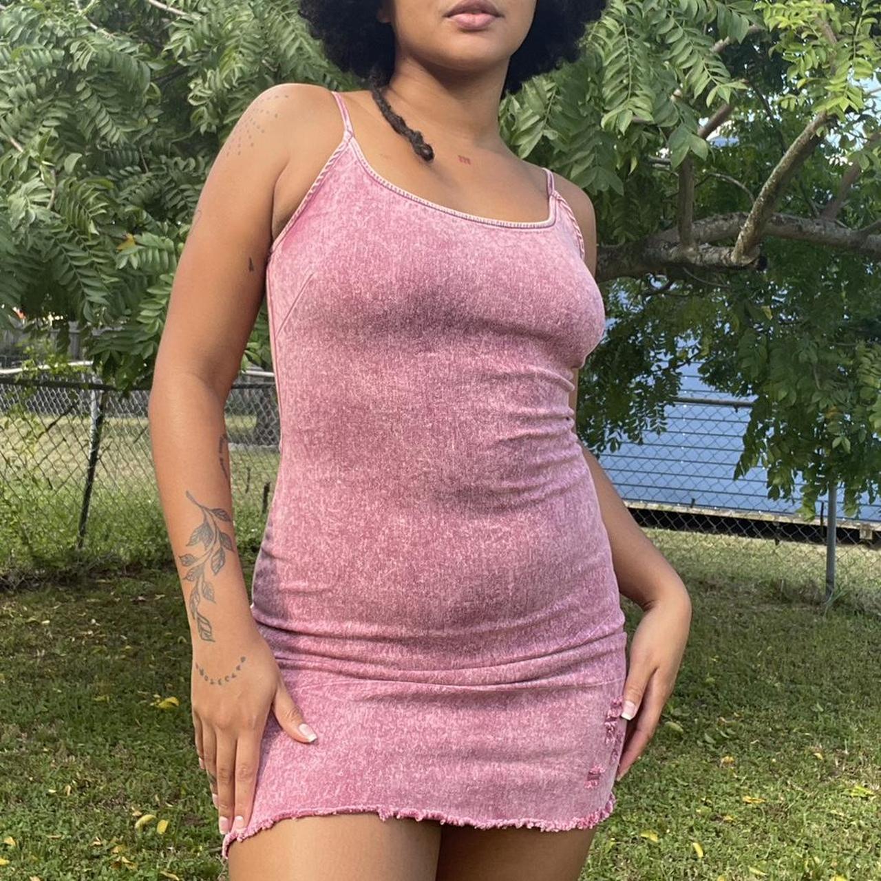 Pink Bodycon Mini dress Looks like denim but not. Depop