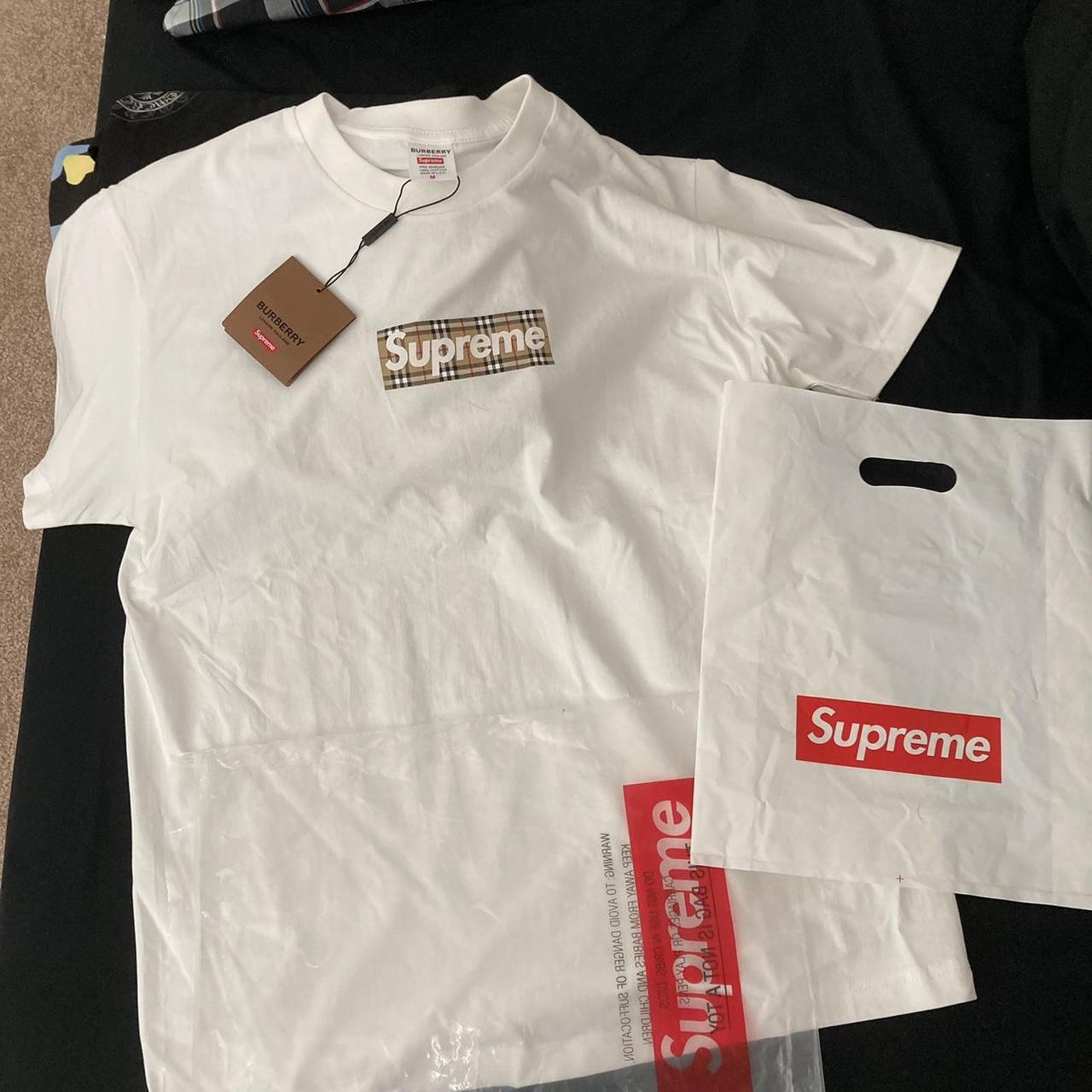 supreme x burberry white classic box logo t shirt... - Depop