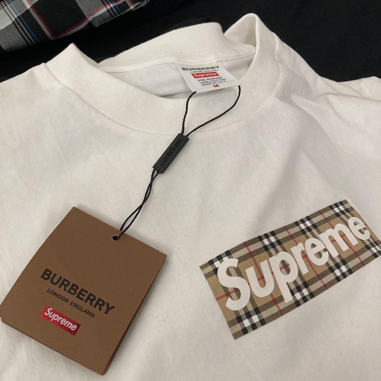 supreme x burberry white classic box logo t shirt... - Depop