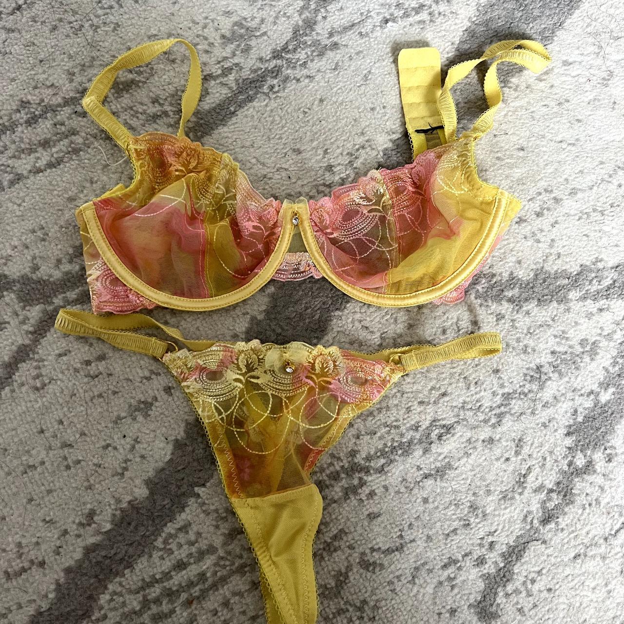 yellow floral bra and underwear set - Depop