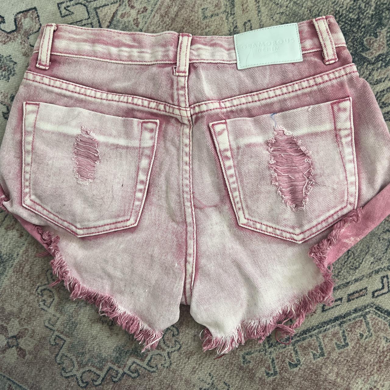 Pink denim shorts hot pant style high waisted... - Depop