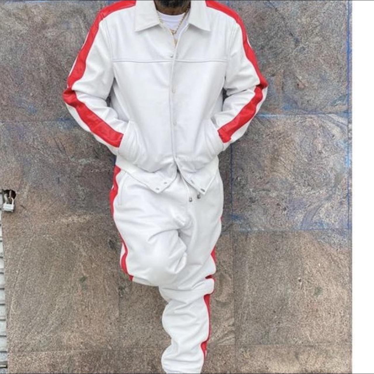 Red and store white jogging suit