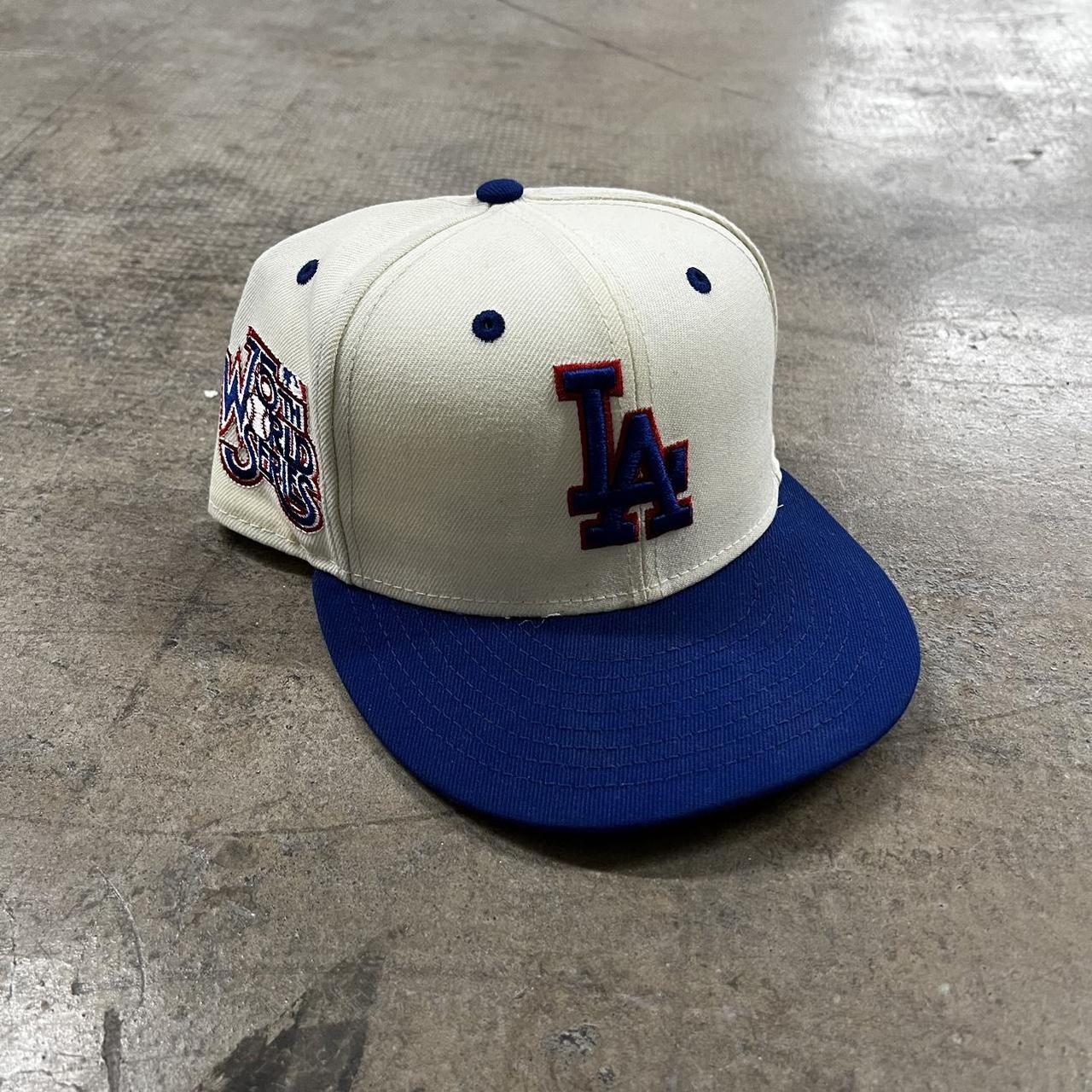 LA Fitted Hat Cream/Royal Blue Size 7 3/8 - Depop