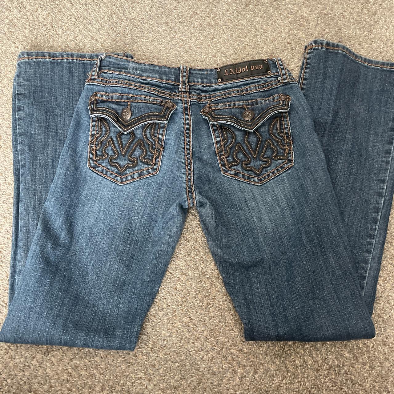 low rise brown stitch bootcut jeans brand... - Depop