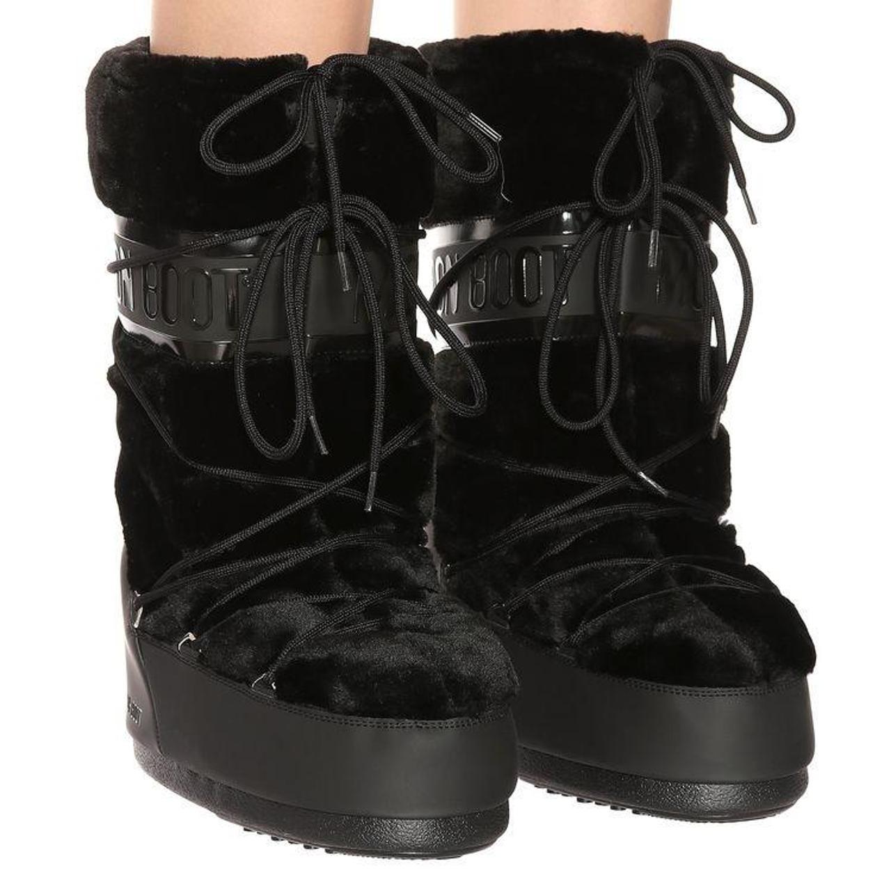Black faux fur moon boots Perfect condition Worn... - Depop