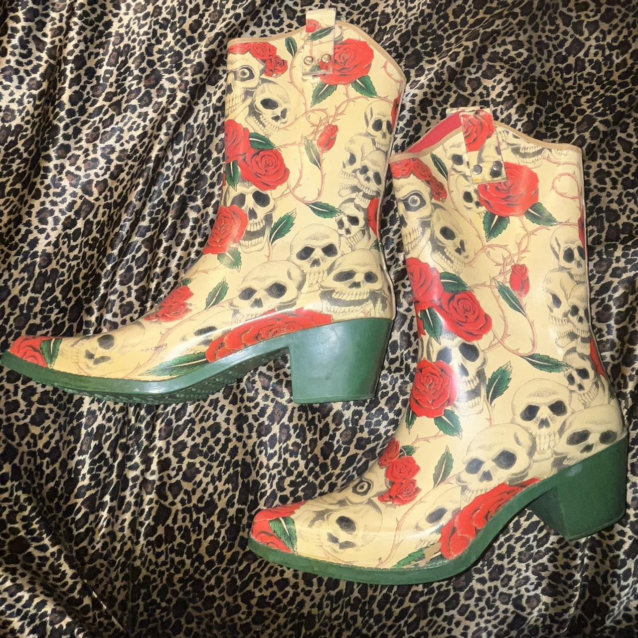 Skull-Rose Rubber Boots (RARE) Size: USA 9 in... - Depop