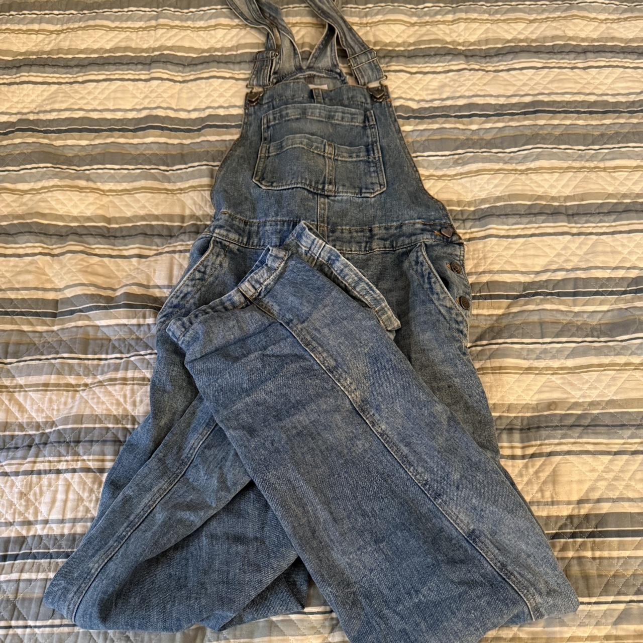 Blue denim overalls with adjustable straps