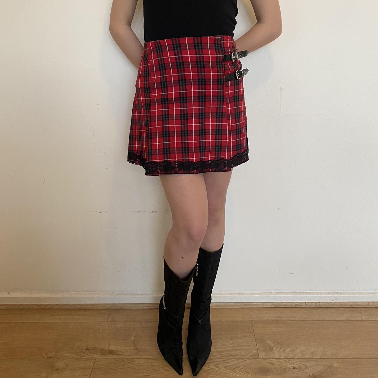 Tartan mini skirt with buckle detail and lace Depop