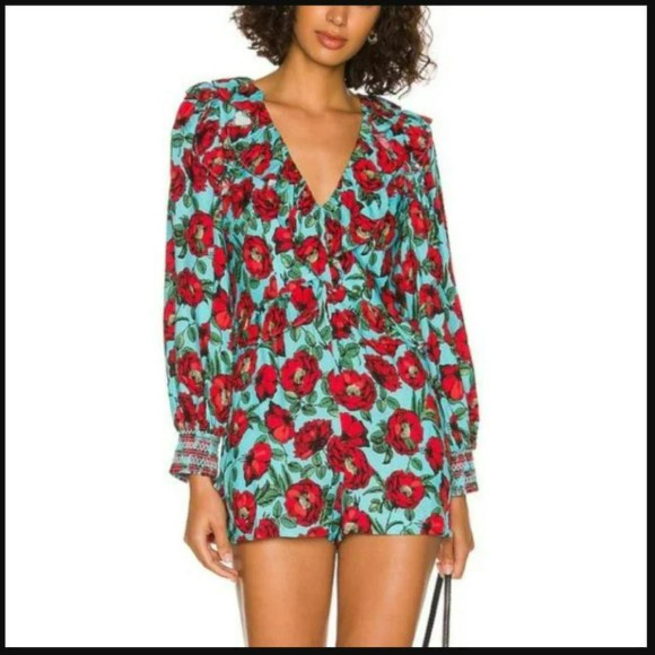 New Alice & Olivia Kami Romper Deep V Blue Red Floral Print Long Sleeve deals Sz 0