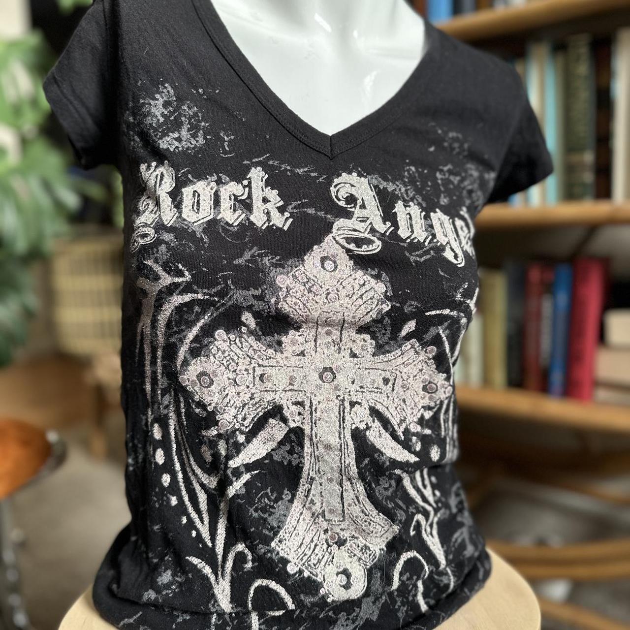 Y2k rock angel shirt with cross rhinestone graphic... - Depop