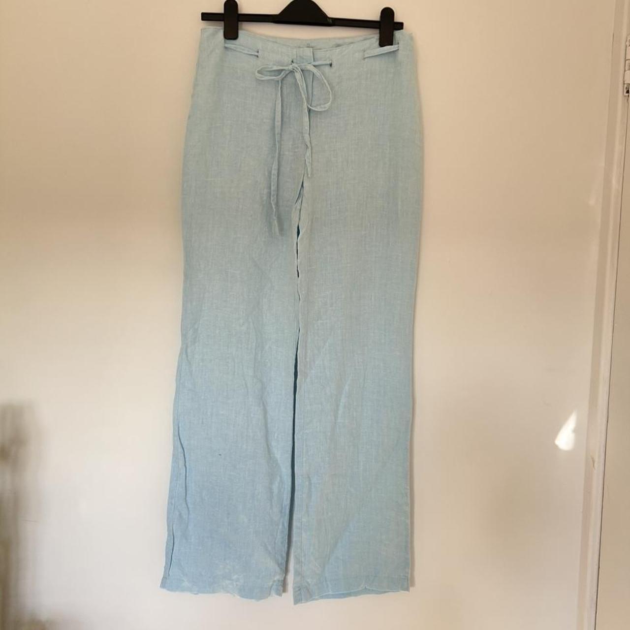 vintage aqua baby blue linen trousers. size 10 fits... Depop