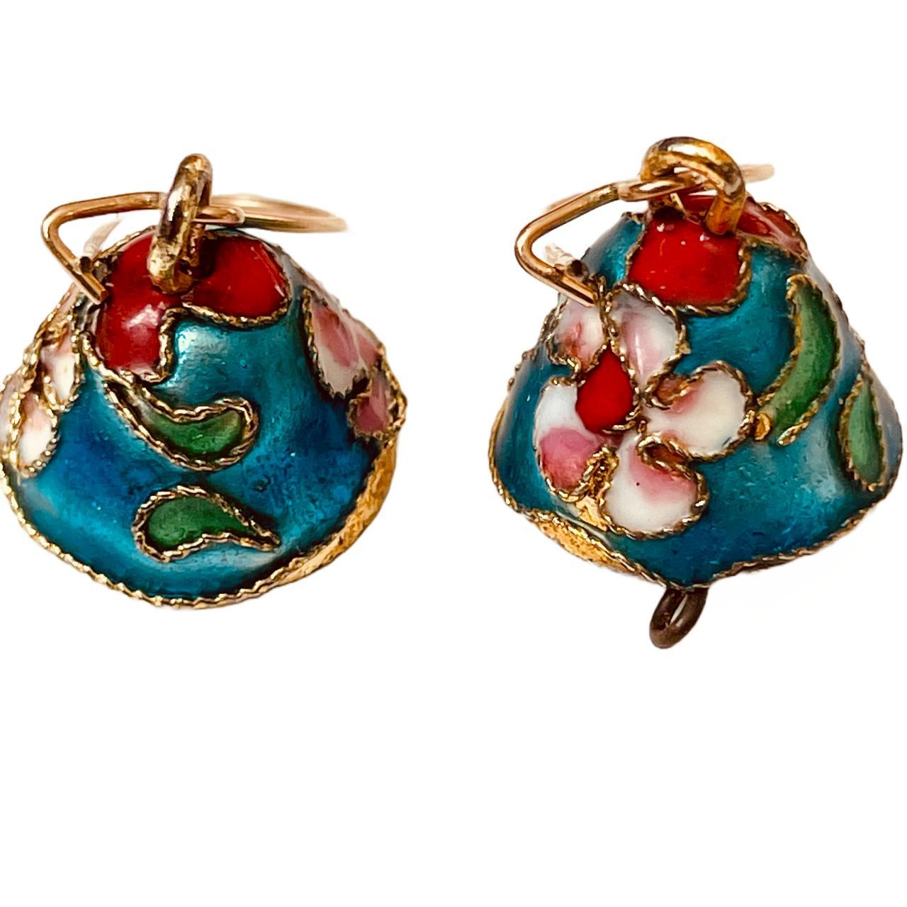 Vintage dangling blue cloisonne bell earrings with... - Depop