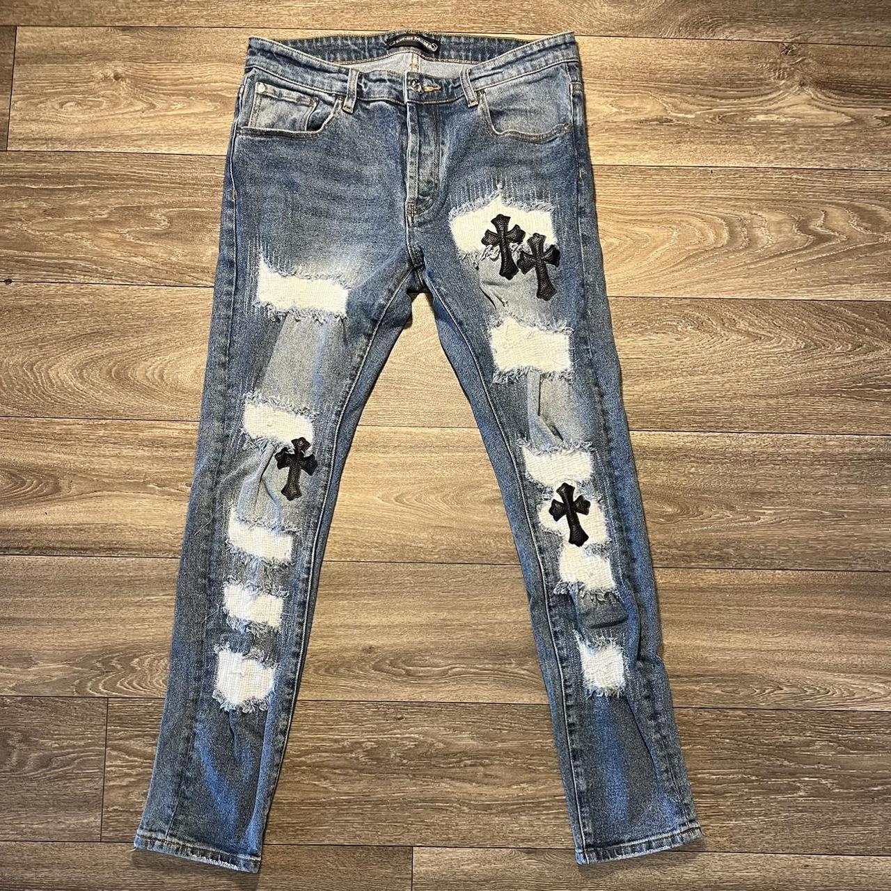 CHROME HEARTS X CDG BLACK DENIM JEANS PINK PATCHES - Depop