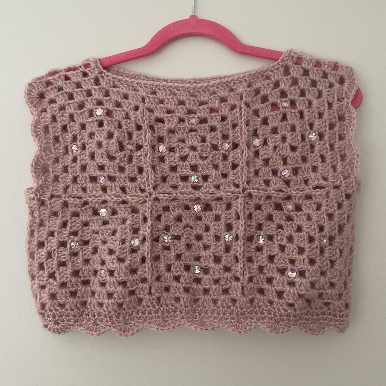 Crochet pink top with hand sew gems. Size 10 Hand... Depop