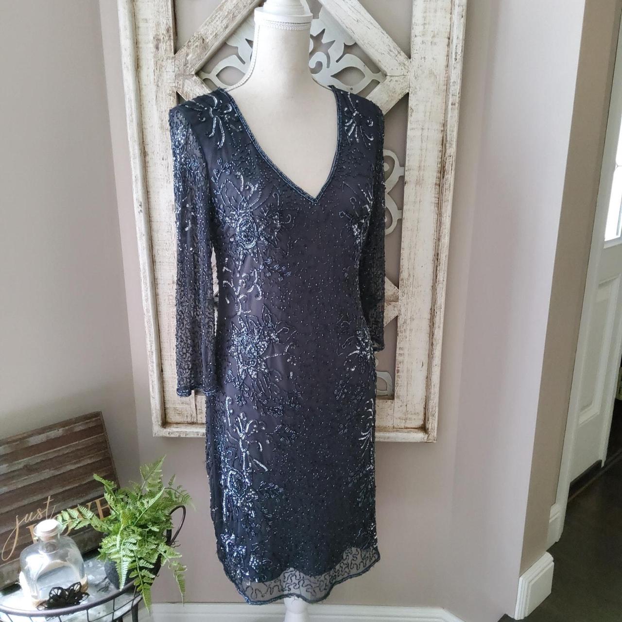 Gray 3/4 sleeve v-neck beaded sequin cocktail sheath... - Depop