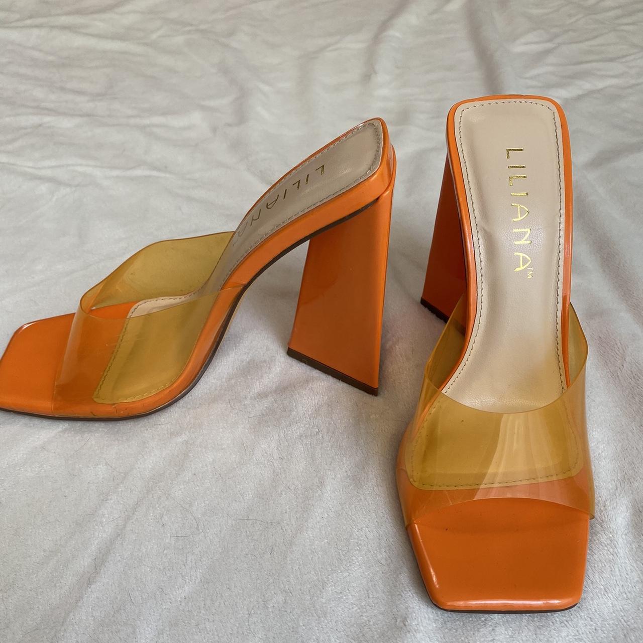 Orange block heels with vinyl foot strap and... - Depop