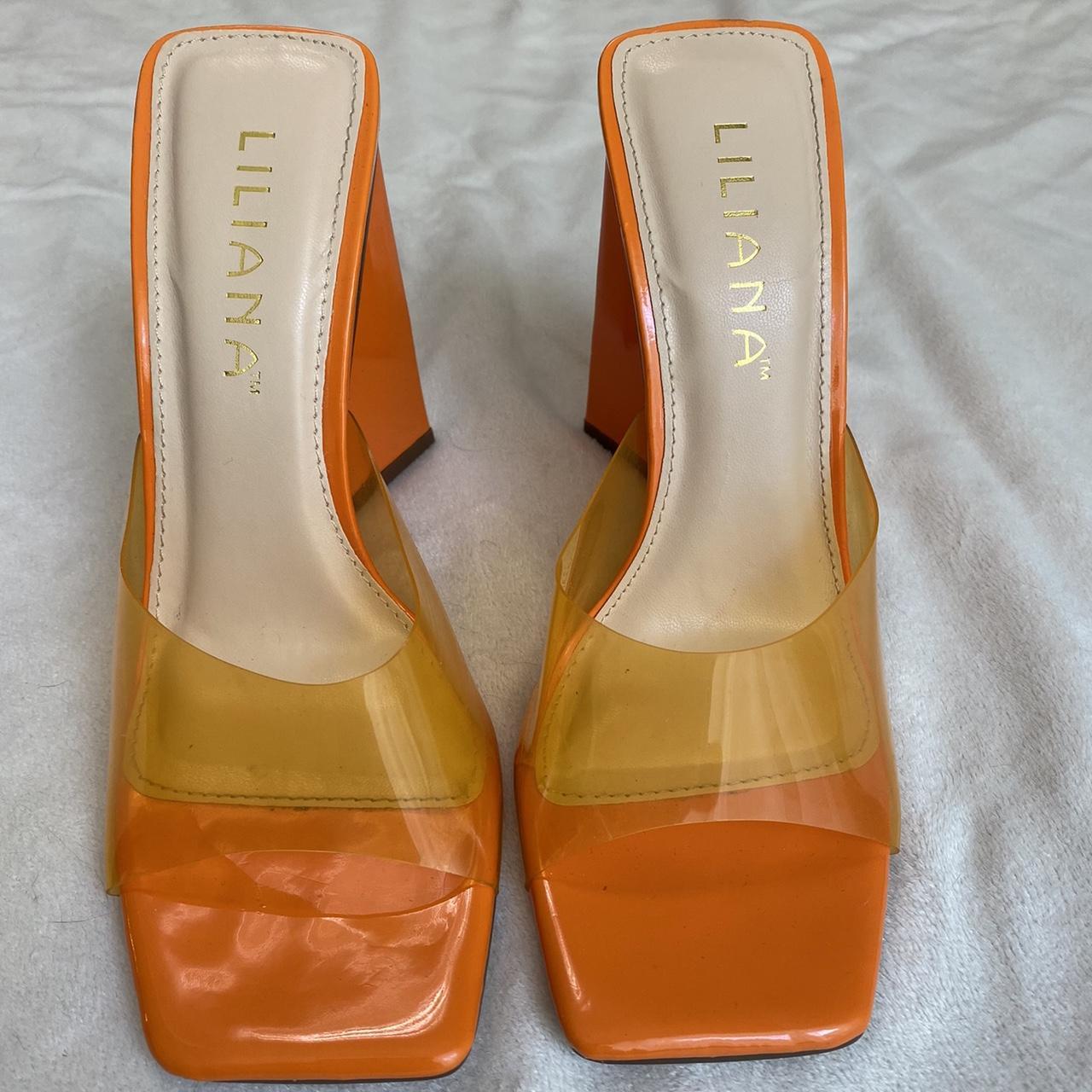 Orange block heels with vinyl foot strap and... - Depop