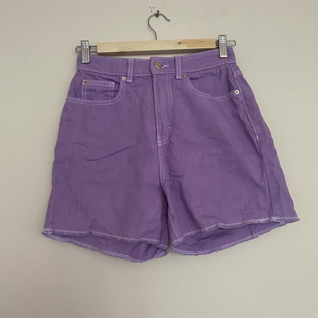 Purple high waisted denim shorts. Size small (6/8)... - Depop