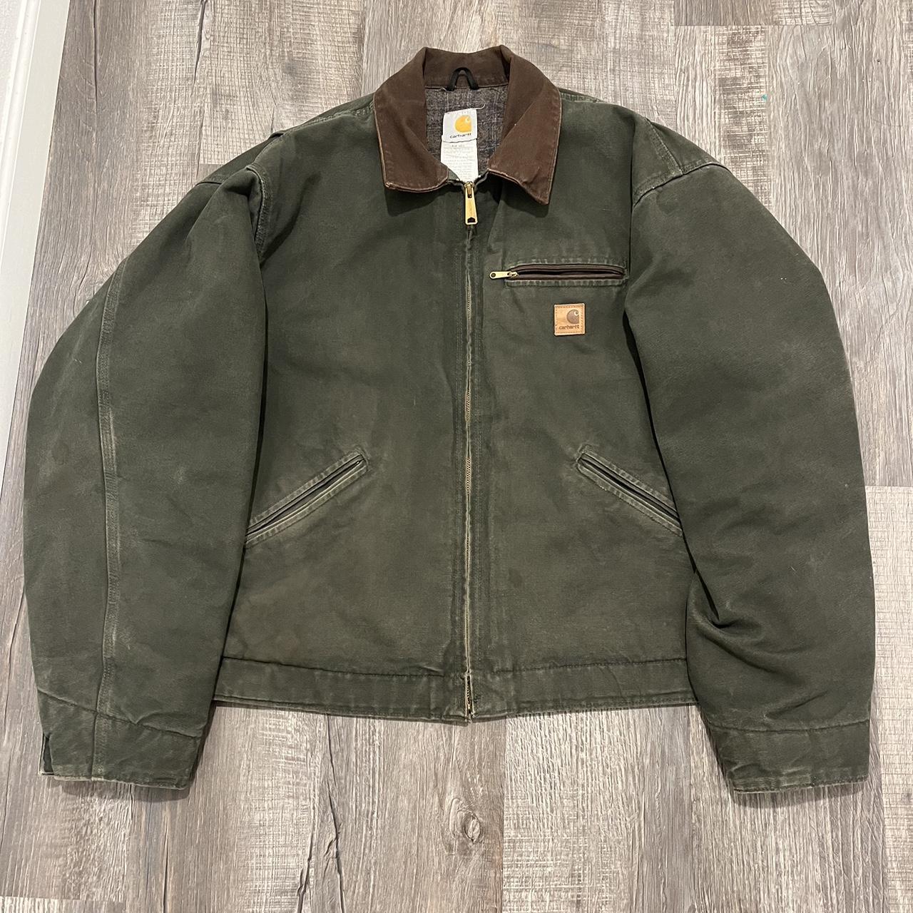 Green Carhartt Detroit jacket with brown collar size... - Depop