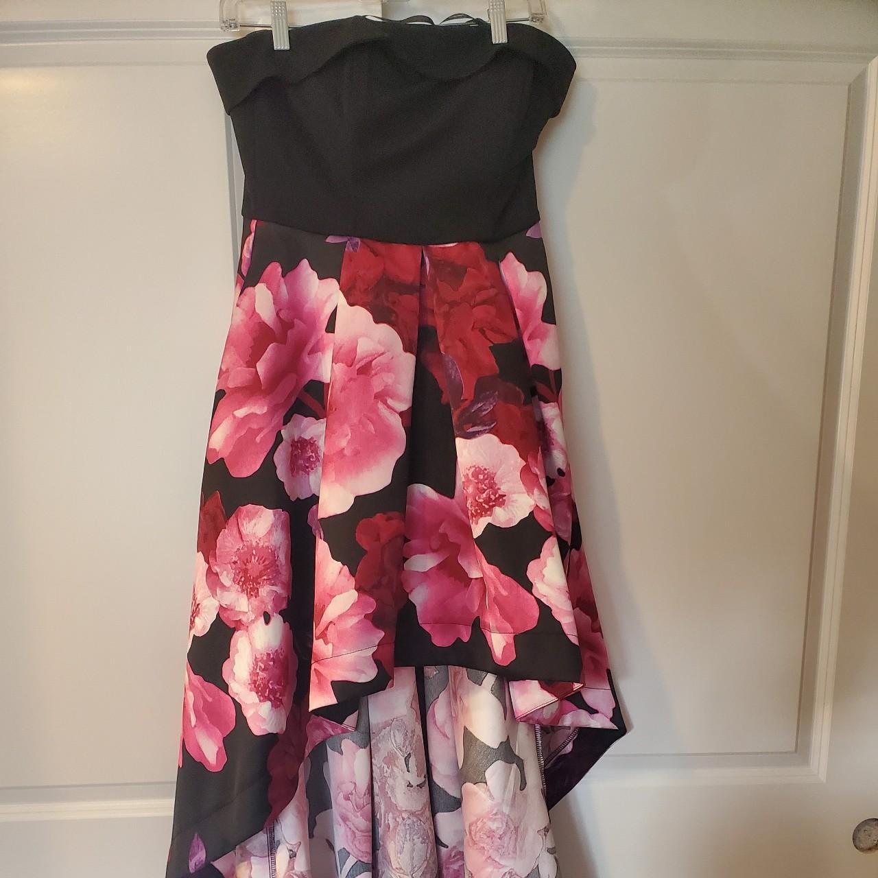 Black and Pink floral strapless high low prom dress