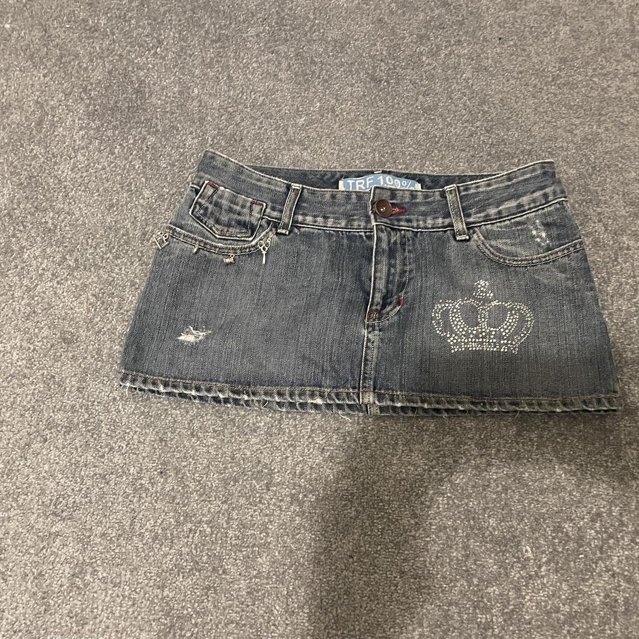 y2k denim mini skirt with rhinestones fits size s-m/... - Depop