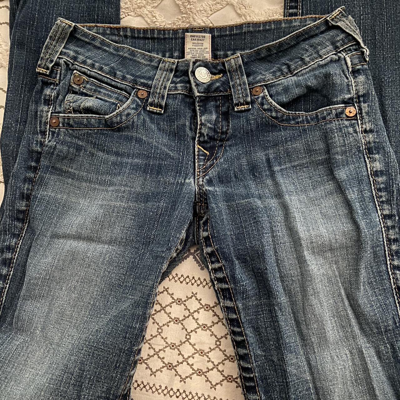 True Religion - low rise navy and blue jeans. Slim... - Depop