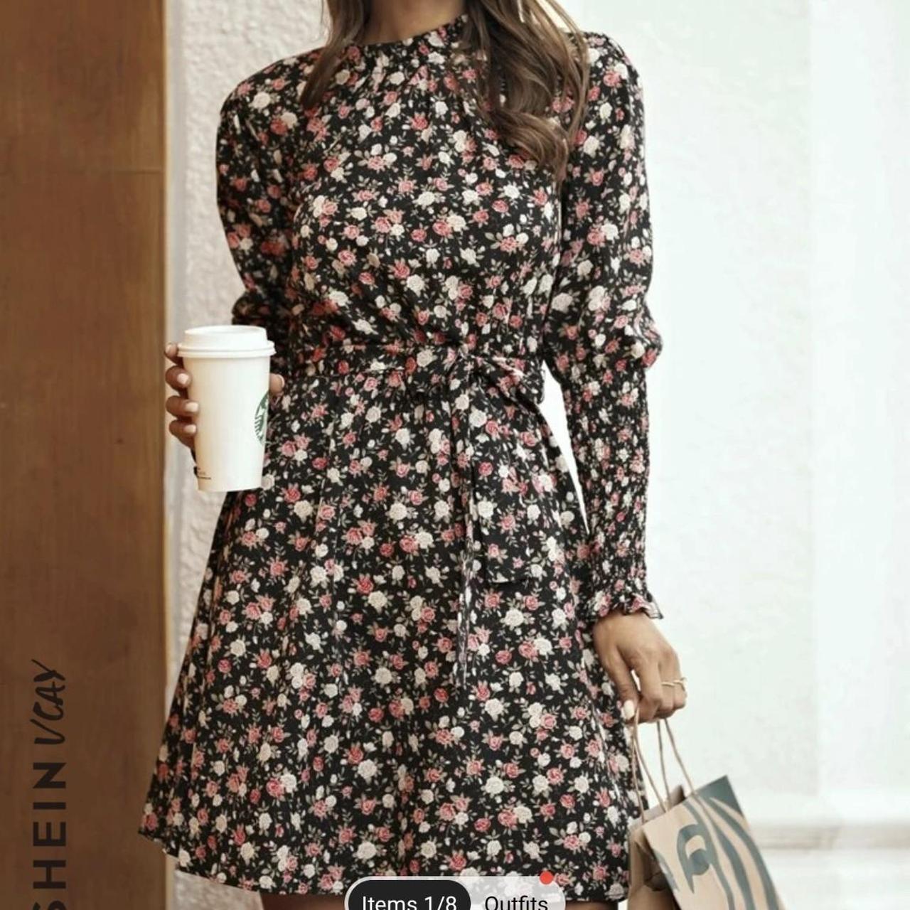 SHEIN VCAY Allover Floral Print Belted A-line Dress. - Depop