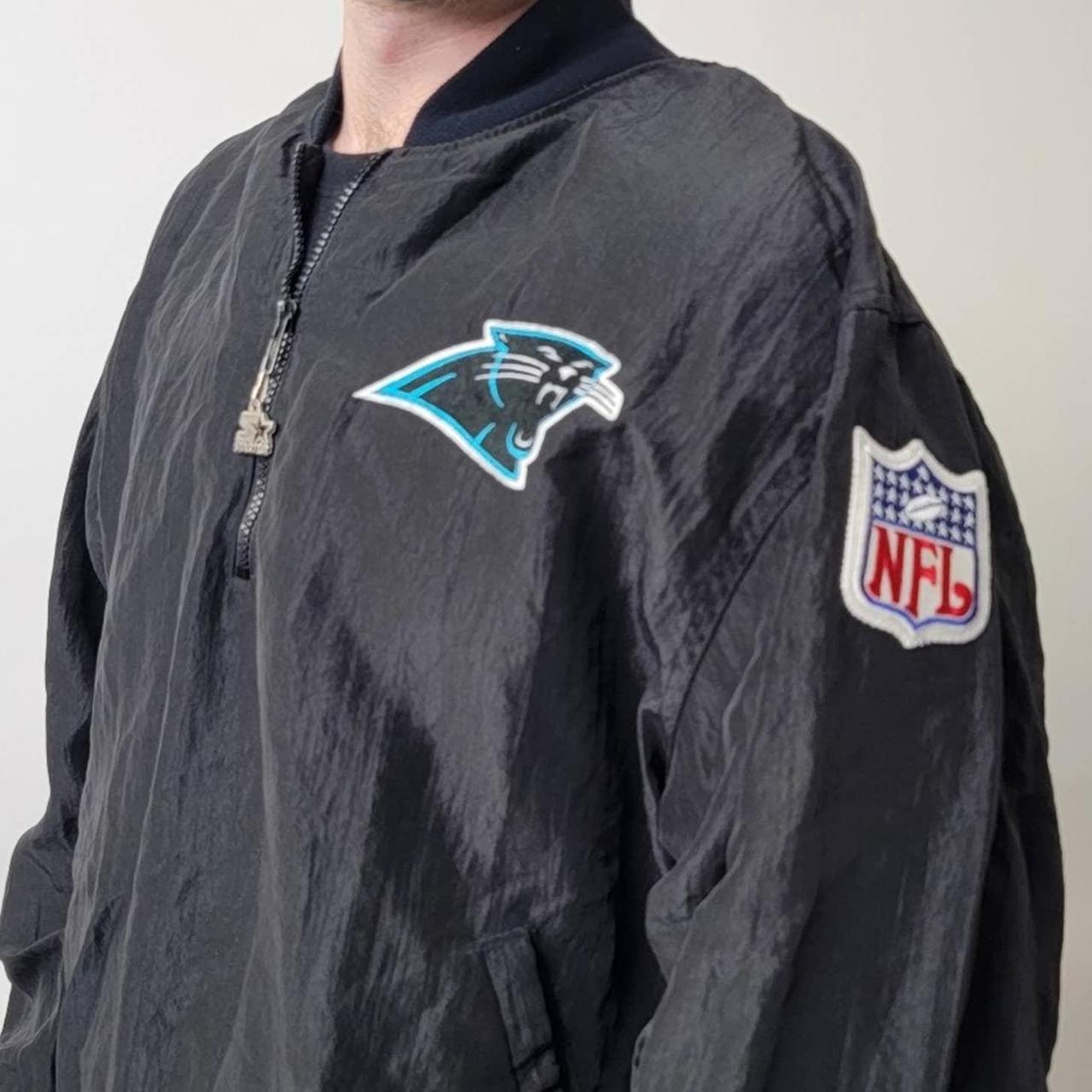 Vintage CAROLINA PANTHERS NFL Starter Jacket Full Zip Hooded Size L Black  Blue