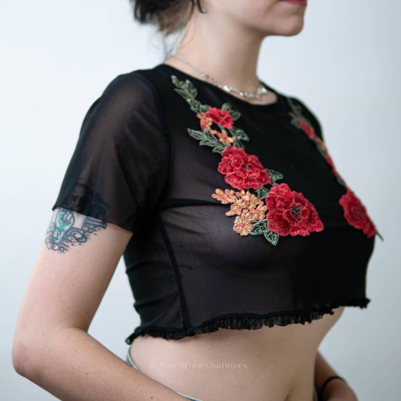 Embroidered Stitched Floral Rose See Through Sheer Depop