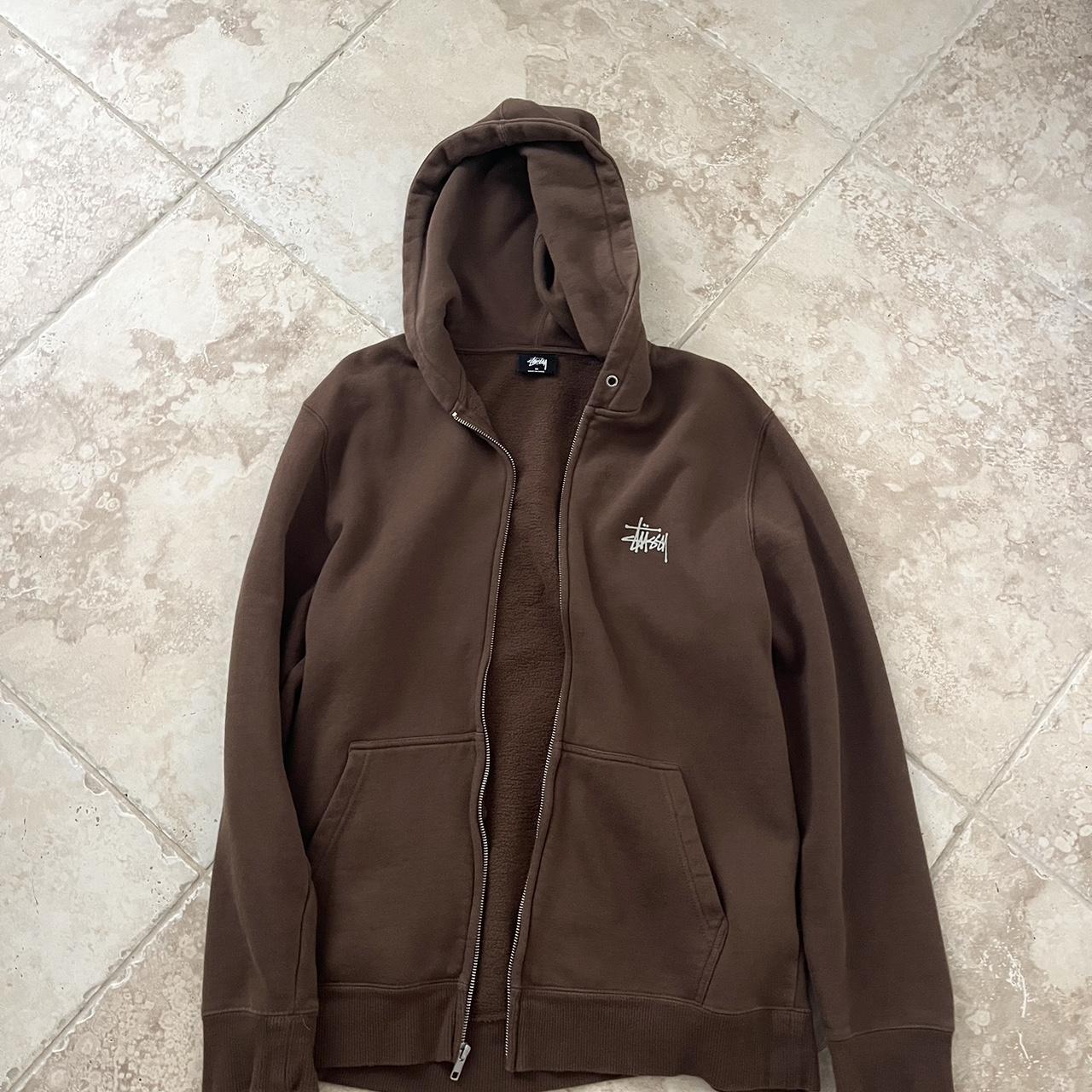 stussy brown zip up missing drawstring for... - Depop