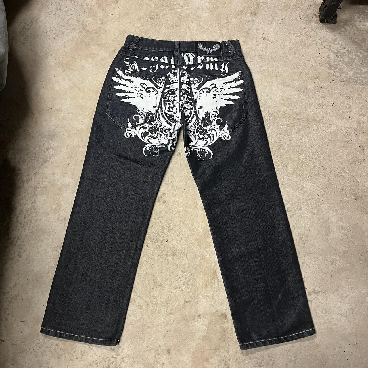 Affliction cyber y2k type jeans crazy fit and... - Depop